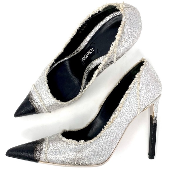 TOM FORD SILVER AND BLACK POINT TOE HEELS SHOES SZ 40 or 10 - Picture 2 of 12